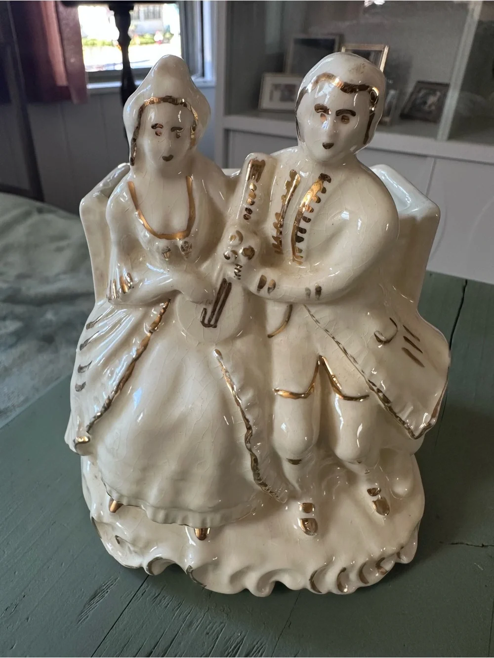 Vintage Ceramic Victorian-Couple Planter with Gold Accents